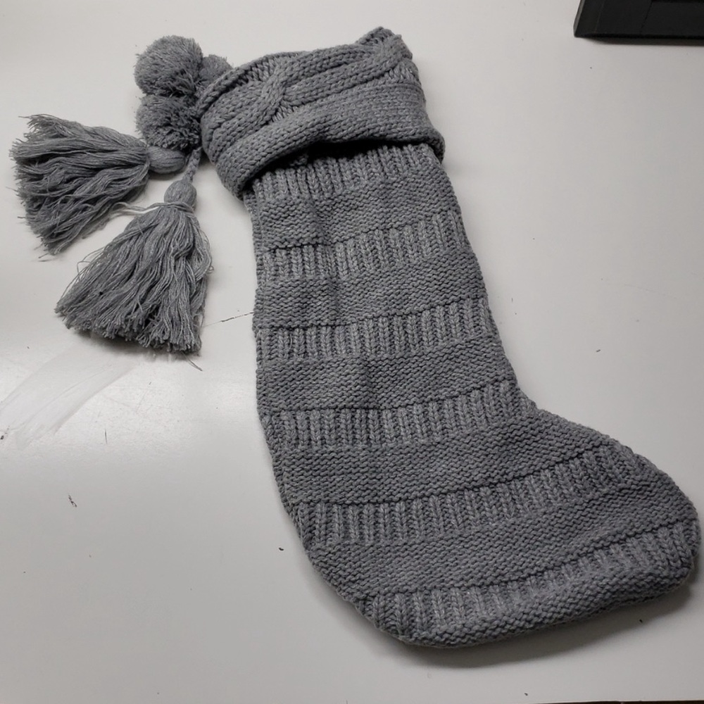 Hearth & Hand Gray Cable Knit Tassels Holiday Christmas Stocking New!